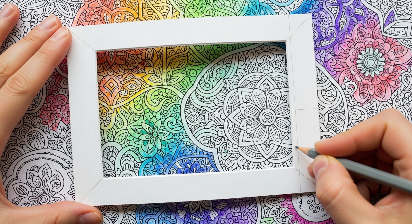 Using a paper viewfinder to select the best part of a coloring page for a bookmark.