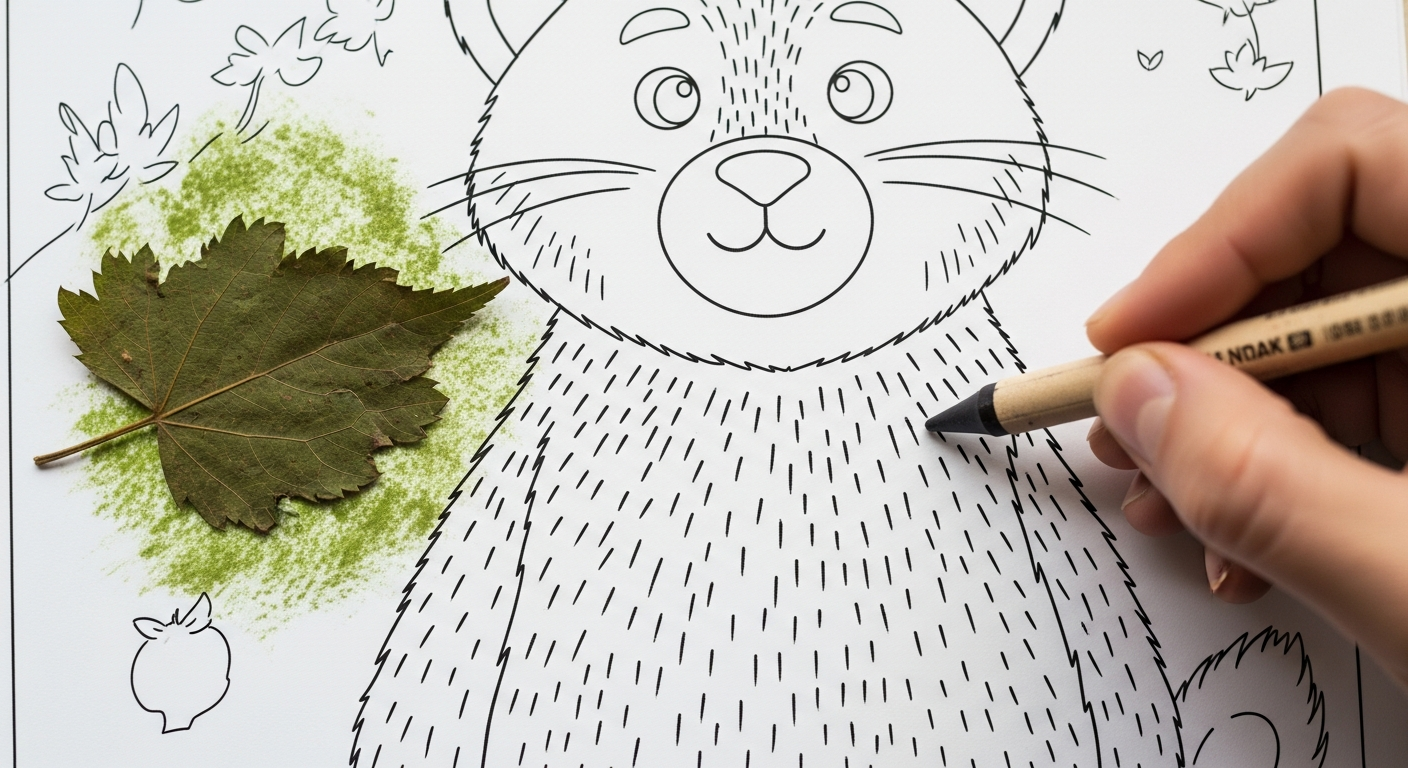 Close-up of a coloring page showing doodle techniques like texture rubbings and horizon lines.