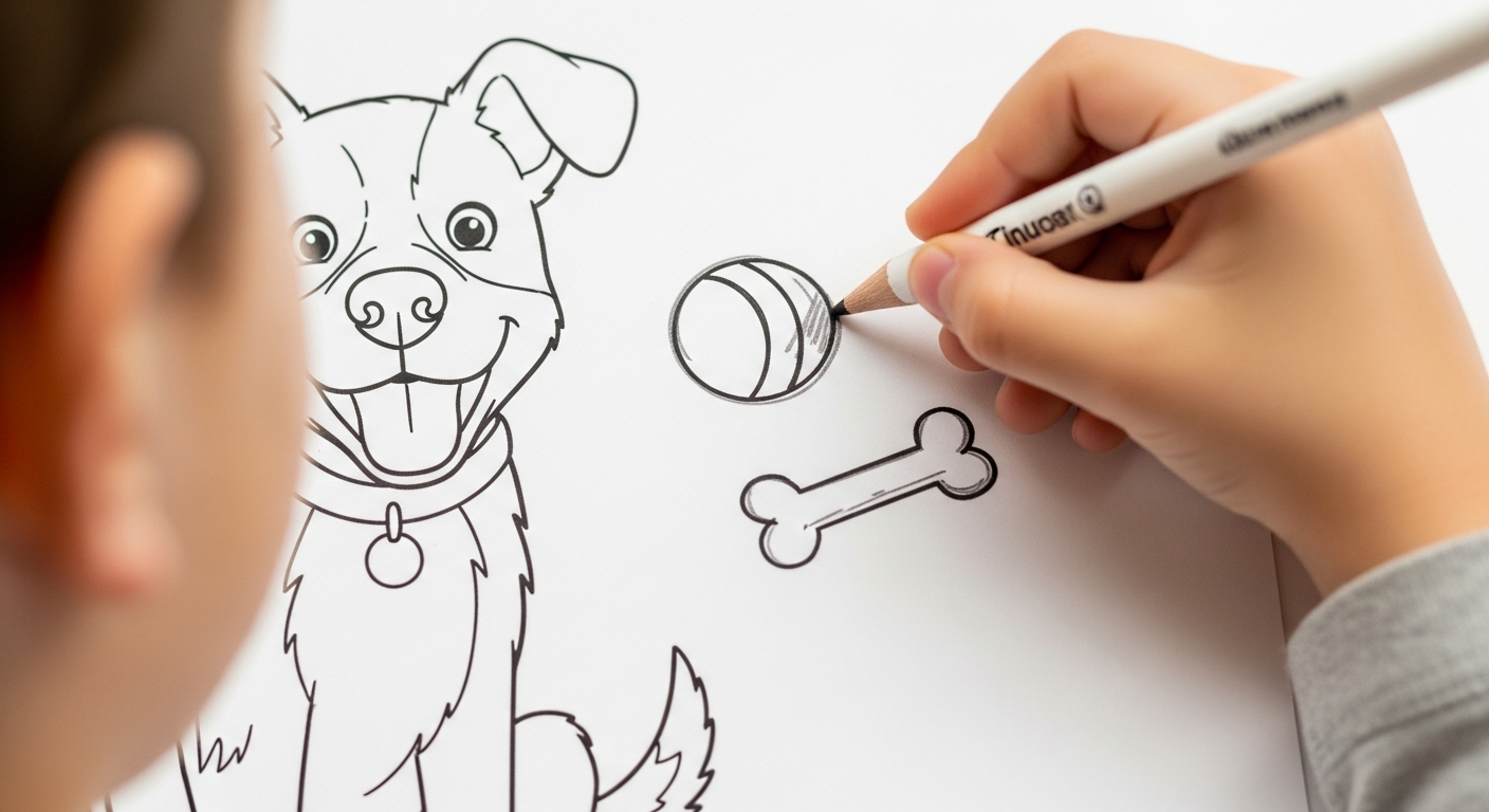 A child drawing a ball next to a dog coloring page to finish the story.
