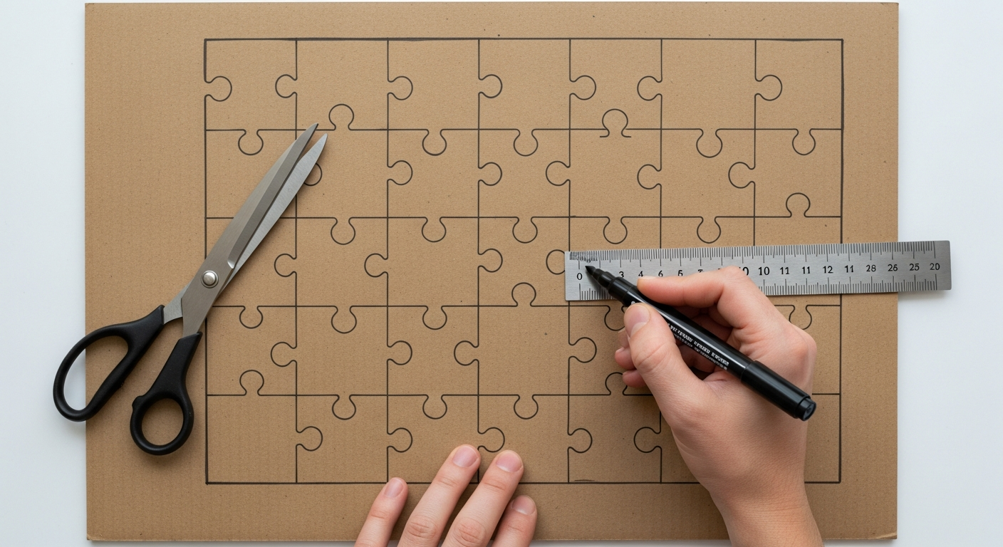 The back of a DIY puzzle showing a hand-drawn 2x2 grid pattern with knob and socket shapes, ready to be cut.