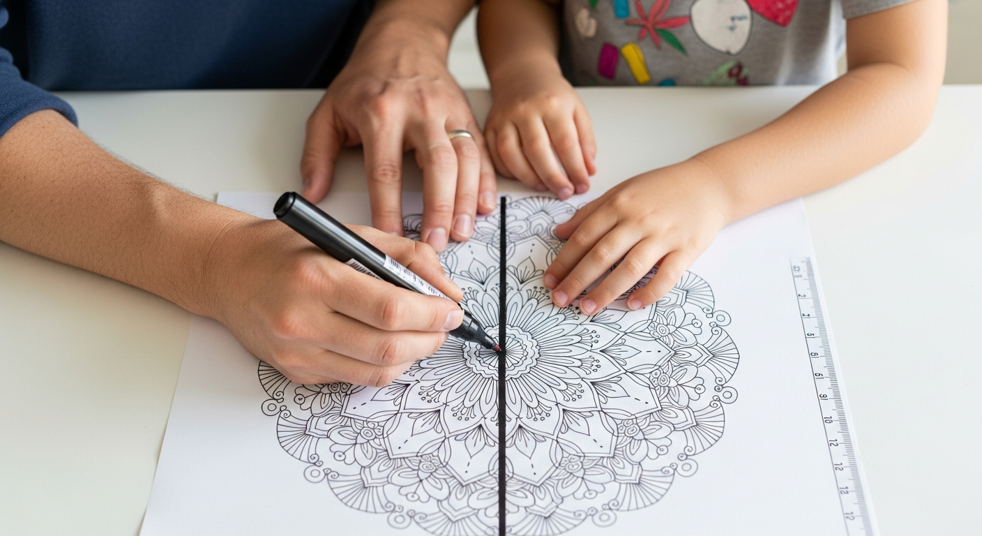 How to Teach Symmetry to Kids Using Mandala Coloring Pages 2 A parent's hand using a ruler and black marker to draw a thick vertical line down the center of a mandala coloring sheet