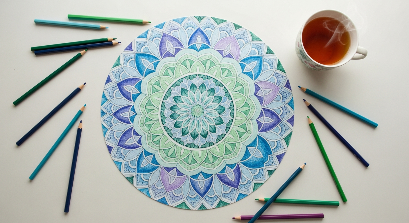 How to Create a Quiet Time Coloring Routine for High-Energy Kids 5 A completed, vibrant mandala coloring page displaying intricate patterns and focus.