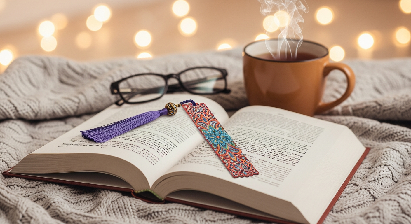 A custom handmade coloring bookmark placed inside an open hardcover book next to a cup of tea.