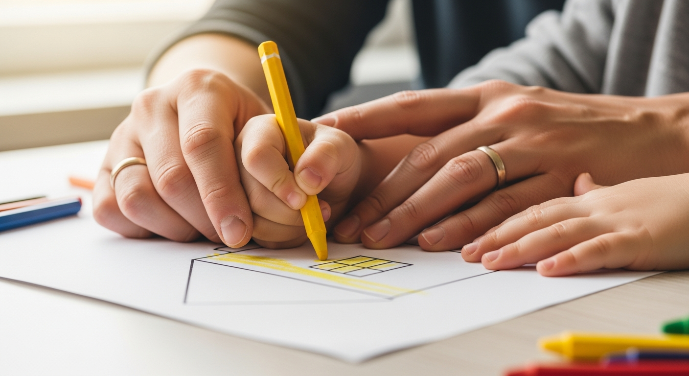 Parent helping child color inside the lines using hand-over-hand guidance.