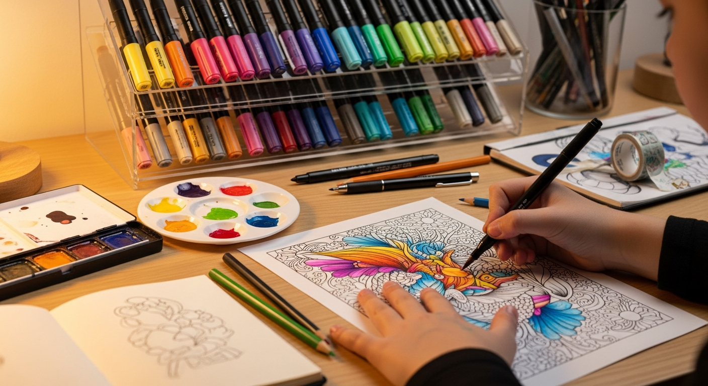 Alcohol markers stored horizontally to prevent drying and a vibrant finished coloring page.