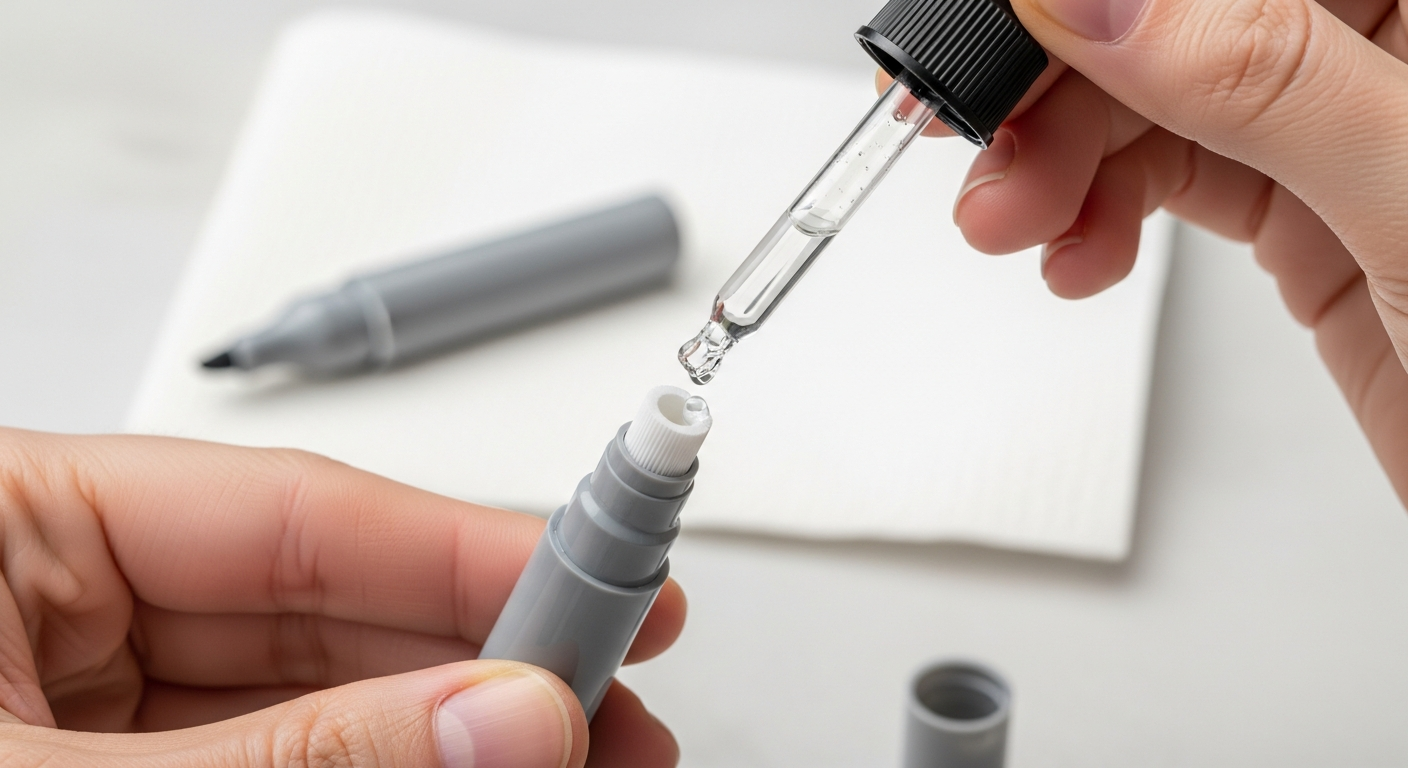 Using a dropper to inject rubbing alcohol directly into the marker core to restore ink flow.