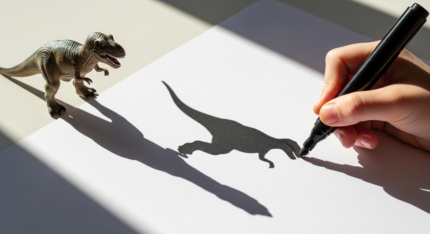 A child tracing a dinosaur shadow on paper, a fun art activity for dinosaur lovers.
