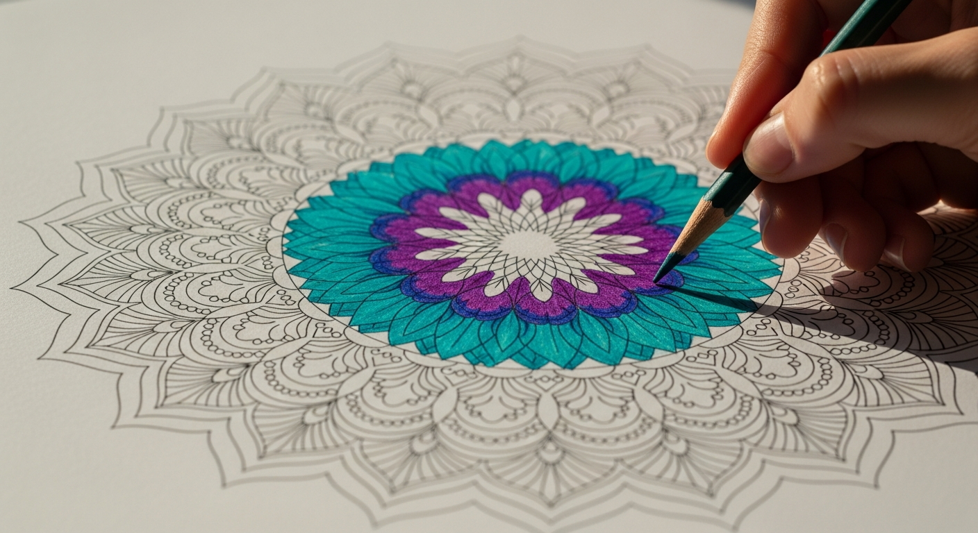 A partially colored symmetrical mandala showing a radial pattern, demonstrating the calming rhythm of coloring from the center outward.