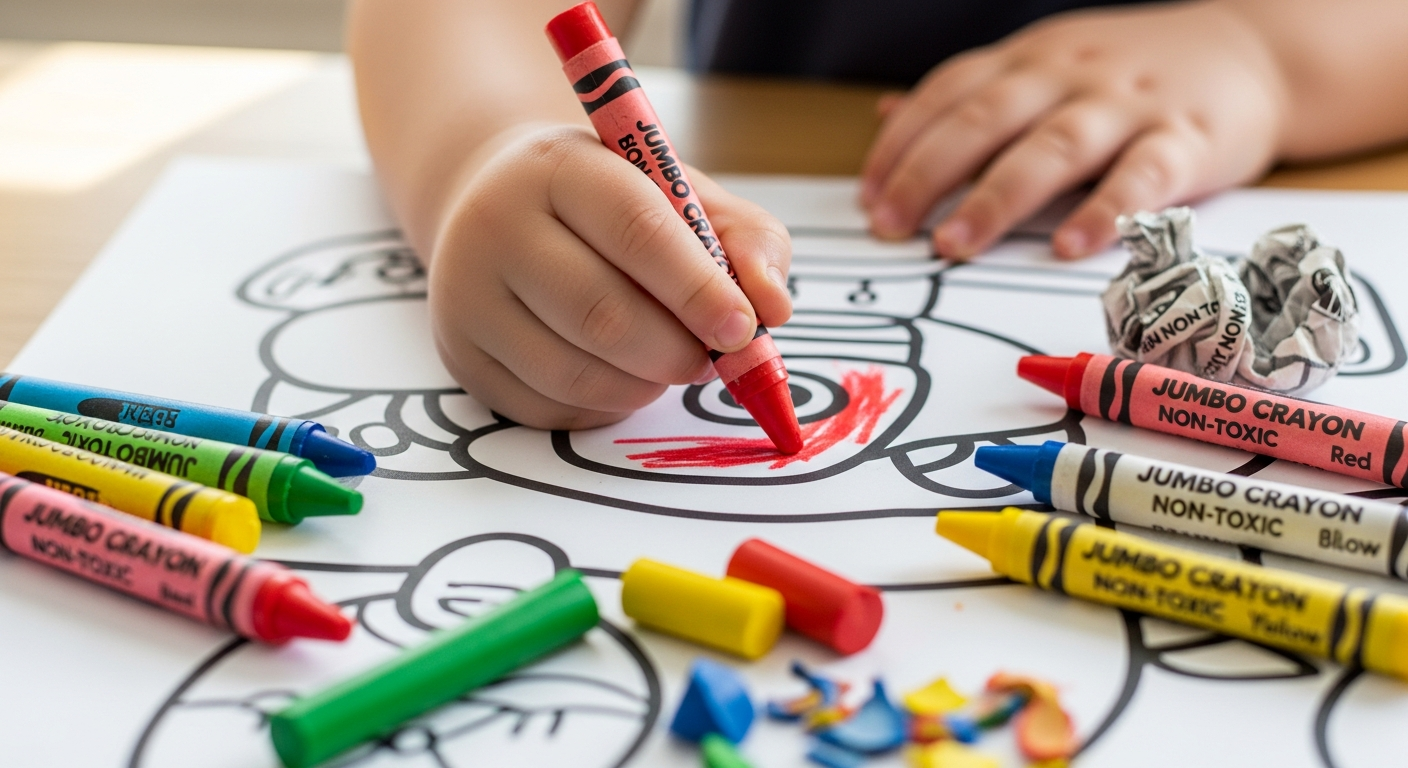 Toddler using jumbo crayons to color safely on a printable sheet.