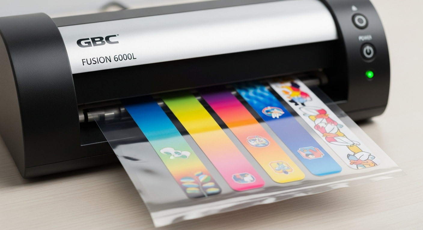 Feeding paper bookmarks into a thermal laminator machine with a clear plastic border.