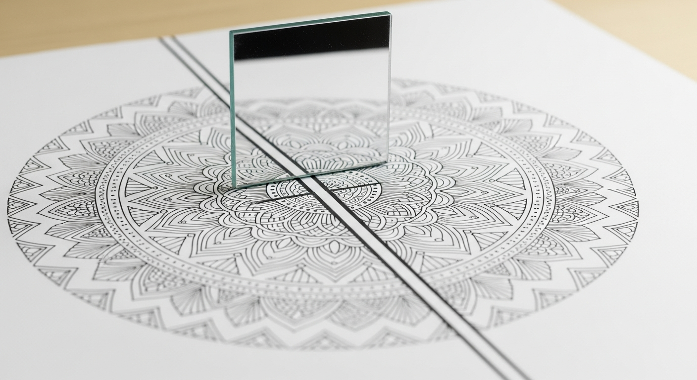 How to Teach Symmetry to Kids Using Mandala Coloring Pages 1 A small rectangular mirror placed vertically on a half-colored mandala, showing how the reflection completes the symmetrical circle.
