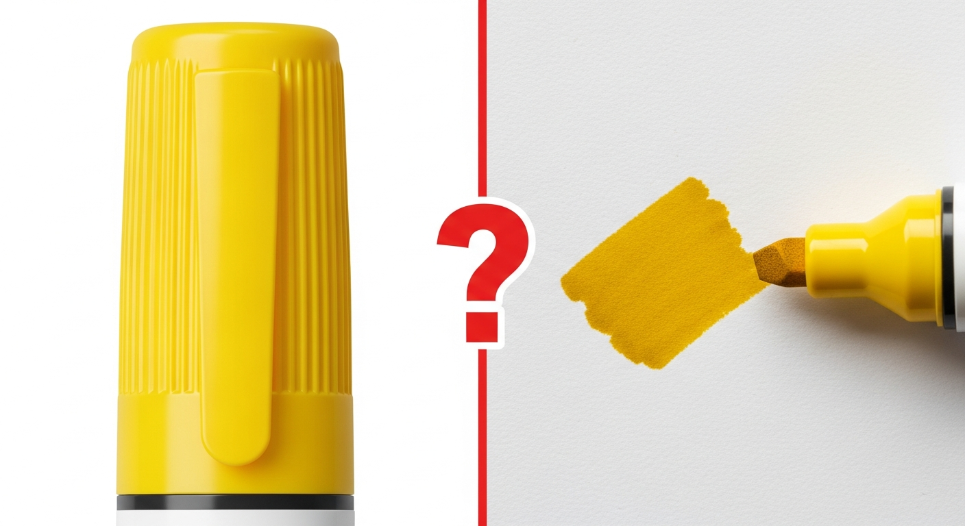 Comparison showing the difference between the color on a marker cap and the actual ink color on paper.