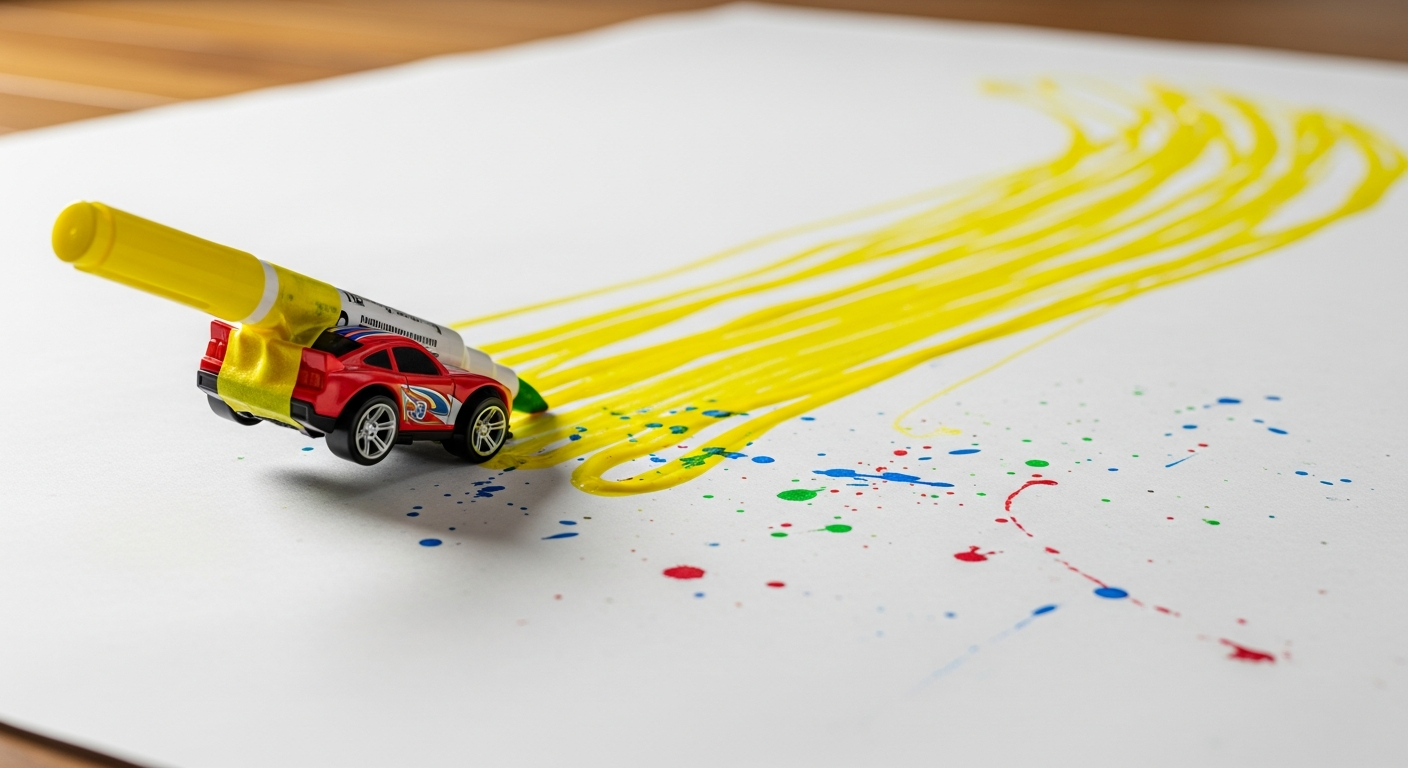 Toy car with a marker taped to the back creating art tracks, a kinetic drawing activity for energetic kids.