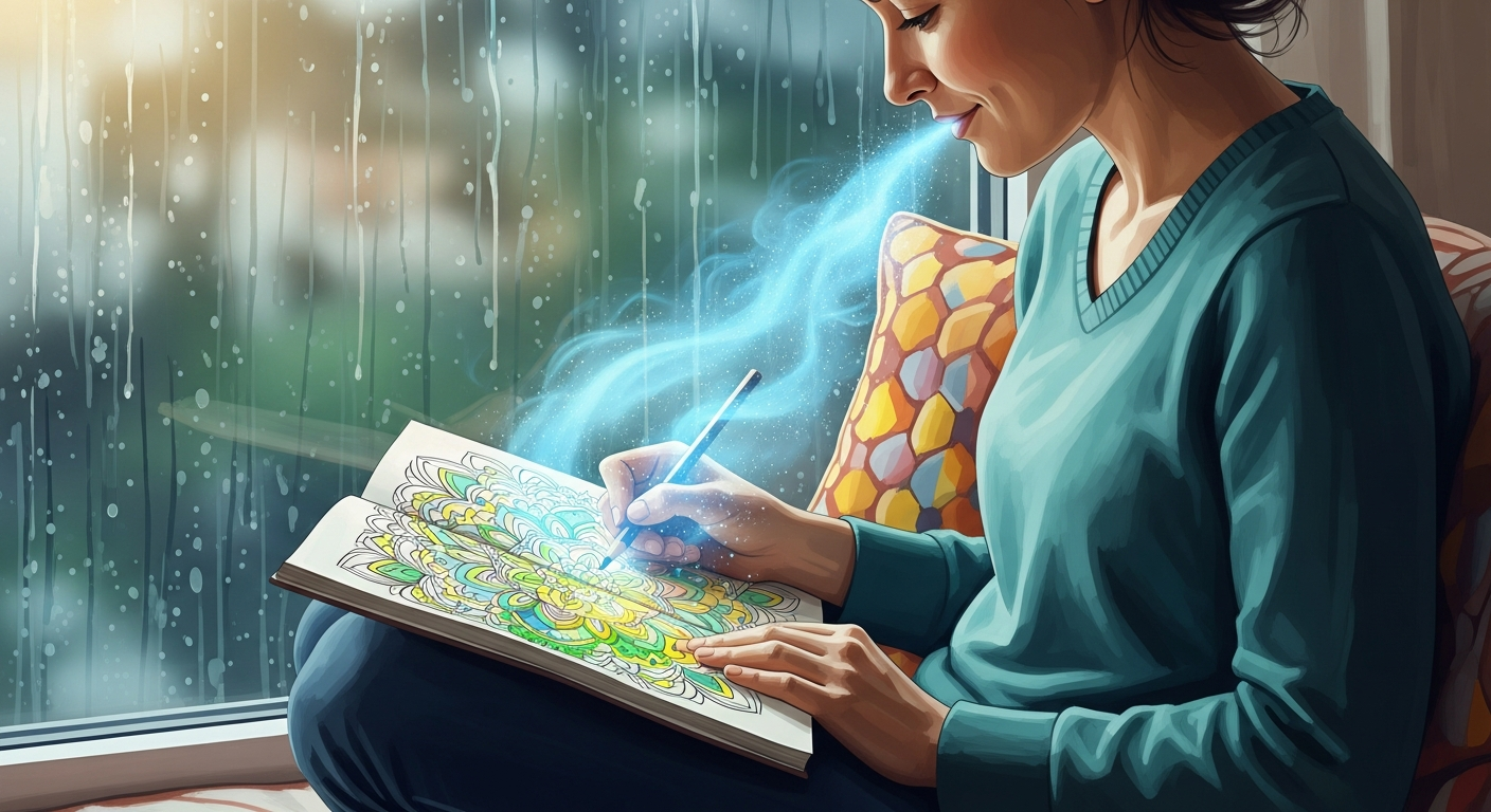 An abstract representation of "color breathing," visualizing calm blue energy entering the mind while coloring.