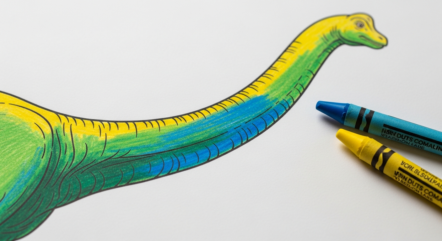 How to Teach Color Mixing to Kids with 3 Crayons 3 A dinosaur coloring page showing yellow base layer and blue top layer creating green.