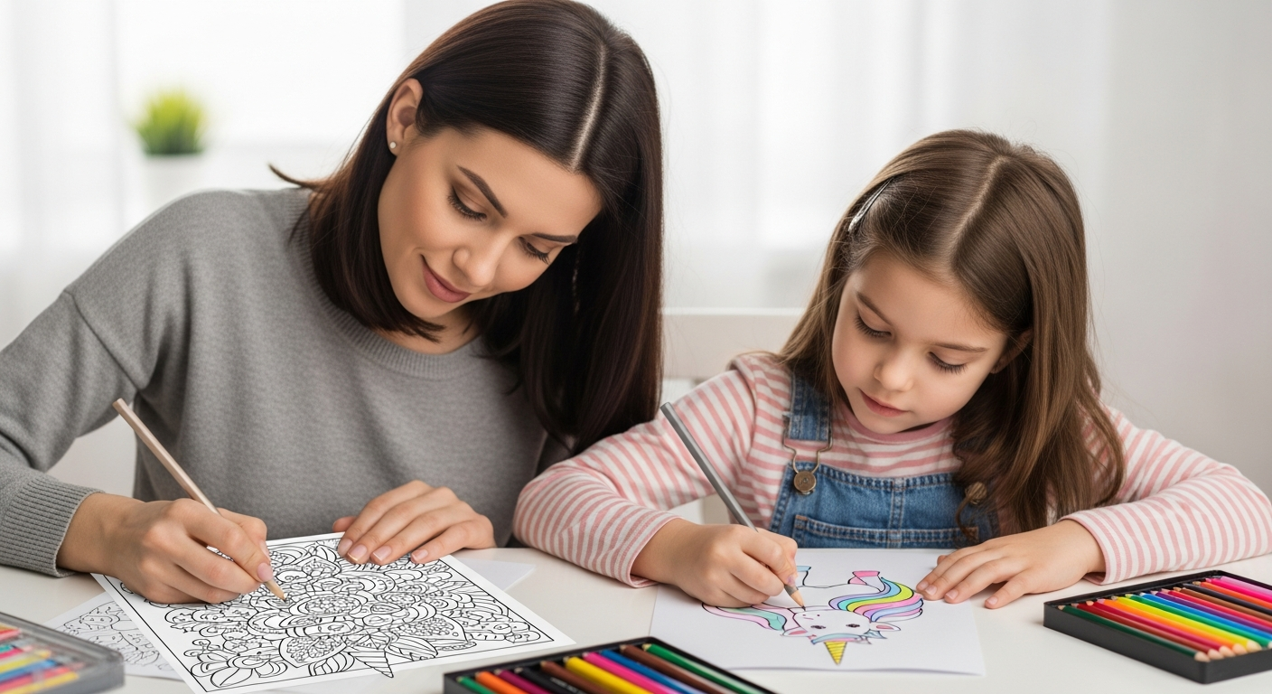 How to Create a Quiet Time Coloring Routine for High-Energy Kids 4 A parent sitting quietly next to a child, both coloring their own pages to practice body doubling for ADHD focus.
