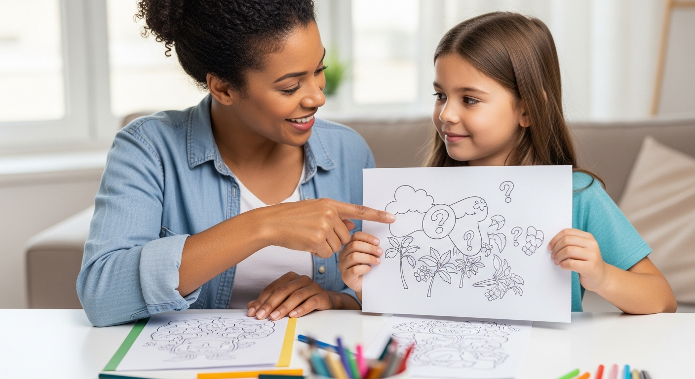 A parent and child coloring together and discussing the artwork.