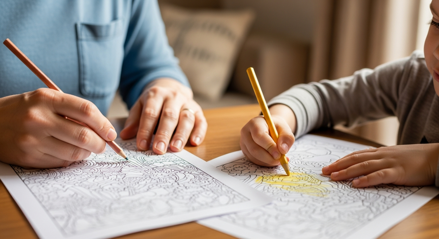 A parent and child coloring together side-by-side, practicing co-regulation and bonding through art