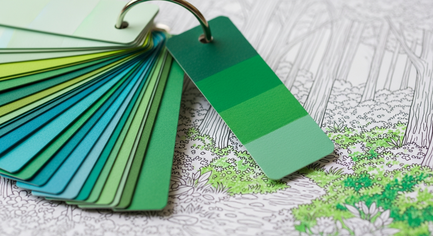 A portable set of color swatch cards organized on a metal binder ring being used to match colors on a coloring page.