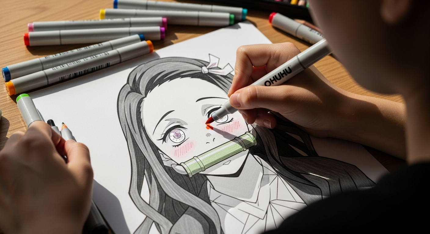 How to Color Anime Skin Tones: A Step-by-Step Guide for Beginners 6 Artist practicing anime skin shading on Nezuko coloring page