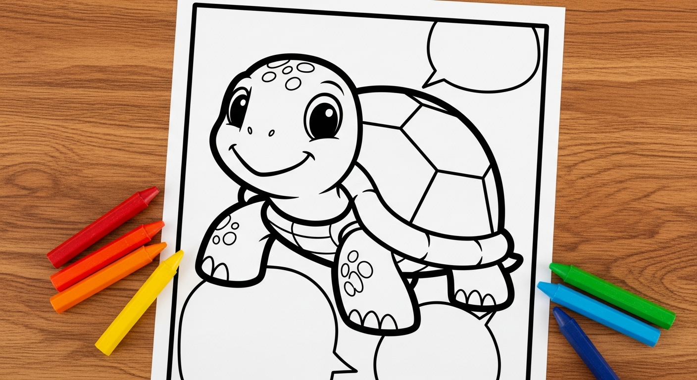 A close-up of a simple coloring page featuring a large, cute turtle with thick outlines, designed for beginners to build confidence