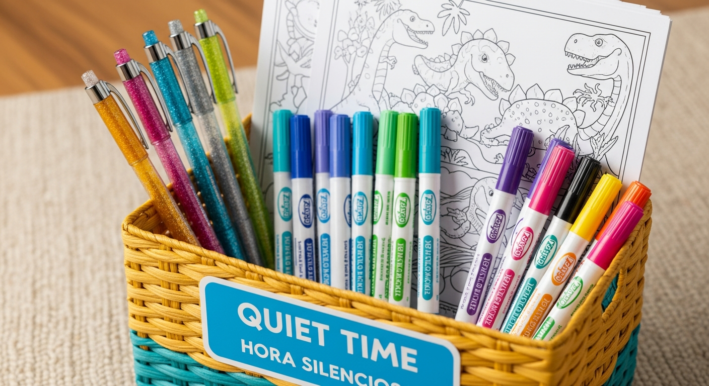 How to Create a Quiet Time Coloring Routine for High-Energy Kids 1 An organized quiet time bin filled with special gel pens, markers, and printable coloring sheets