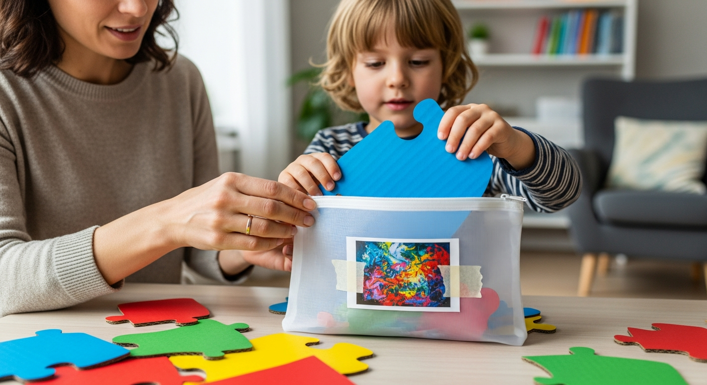 Colorful DIY puzzle pieces being stored in a mesh zippered pouch for safe keeping.