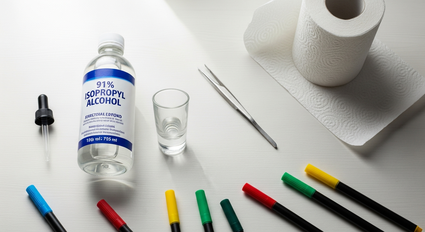 Essential supplies for fixing dried markers: 91% isopropyl alcohol, tweezers, and a dropper.