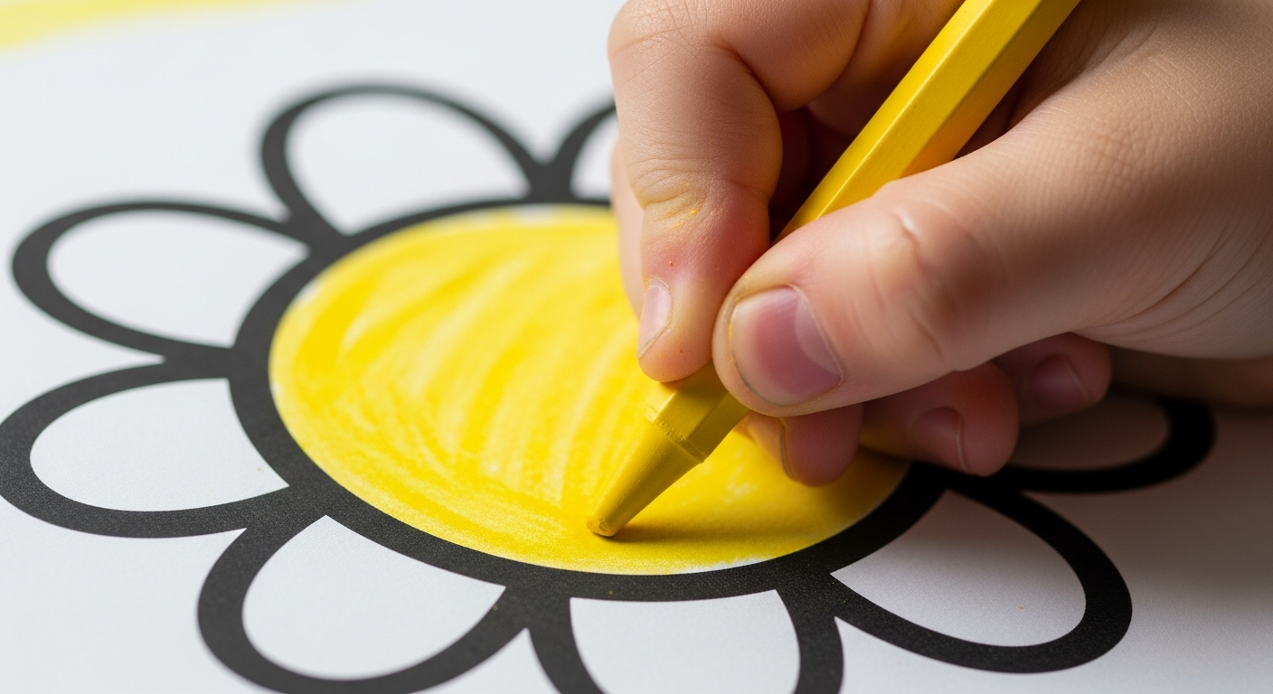 Child coloring a thick-outline sun on a printable coloring page.