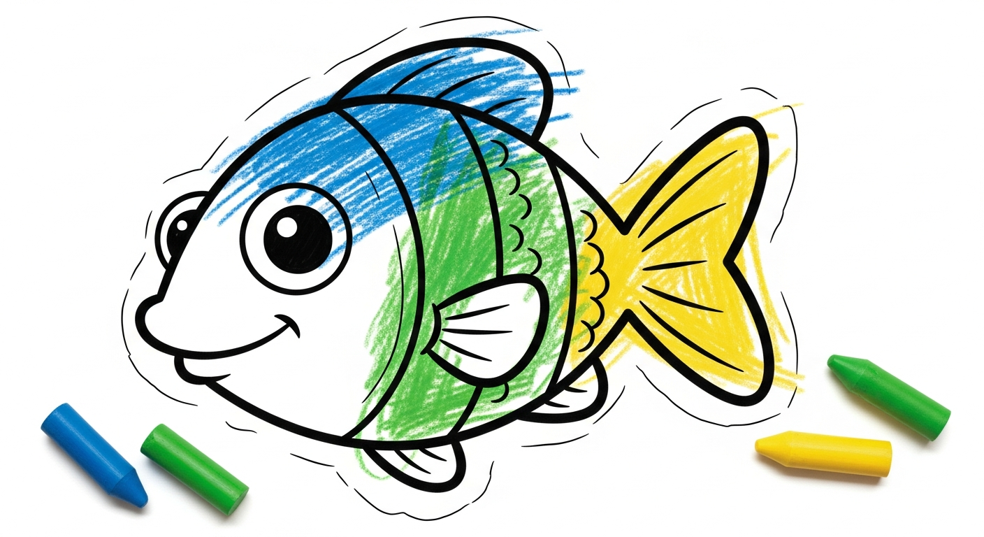 How to Teach Color Mixing to Kids with 3 Crayons 5 A simple fish coloring page with a blue head, yellow tail, and green middle body.