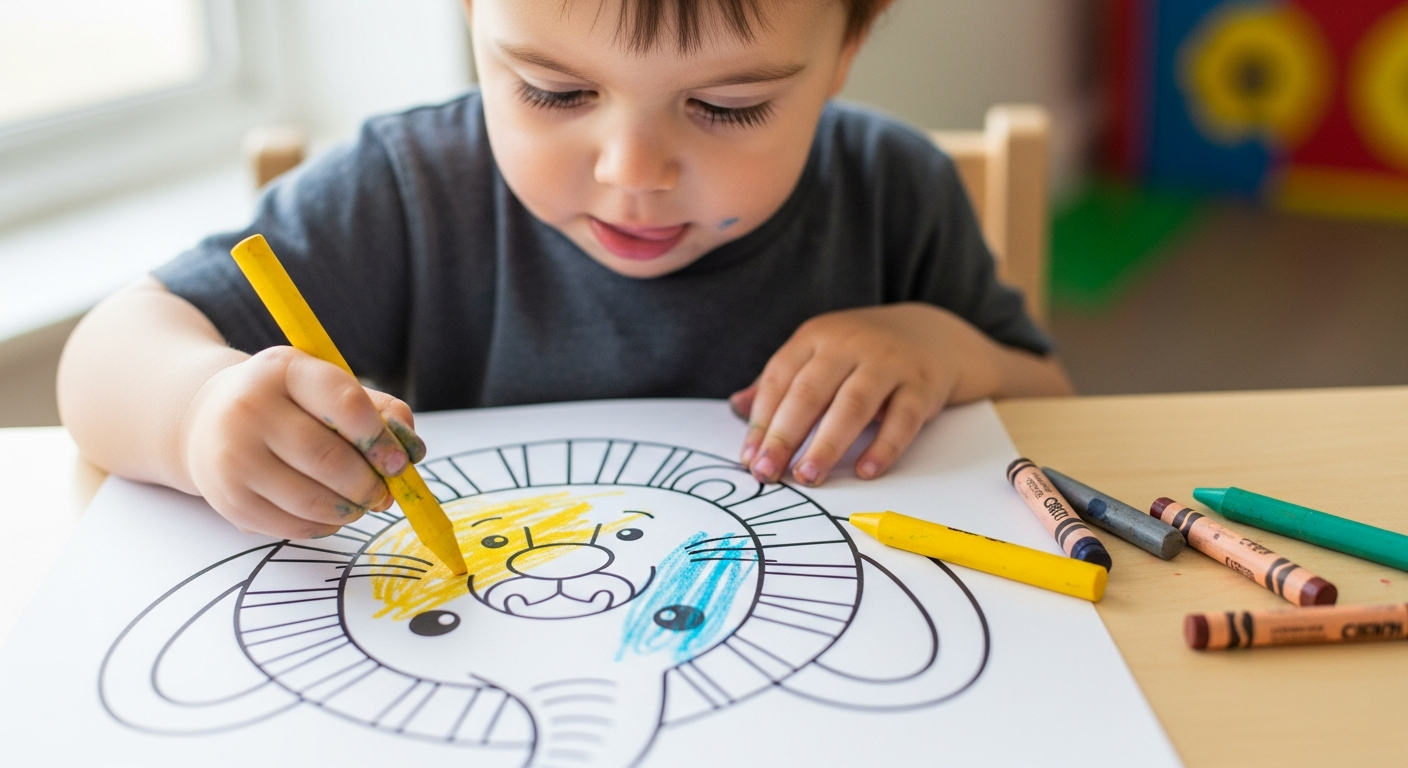 Why Coloring Builds Fine Motor Skills for Toddlers 2 Toddler focusing while trying to color inside the lines on a bold outline page