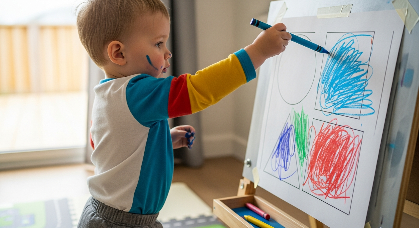 Why Coloring Builds Fine Motor Skills for Toddlers 4 Toddler coloring on a page taped to the wall, building shoulder and wrist strength