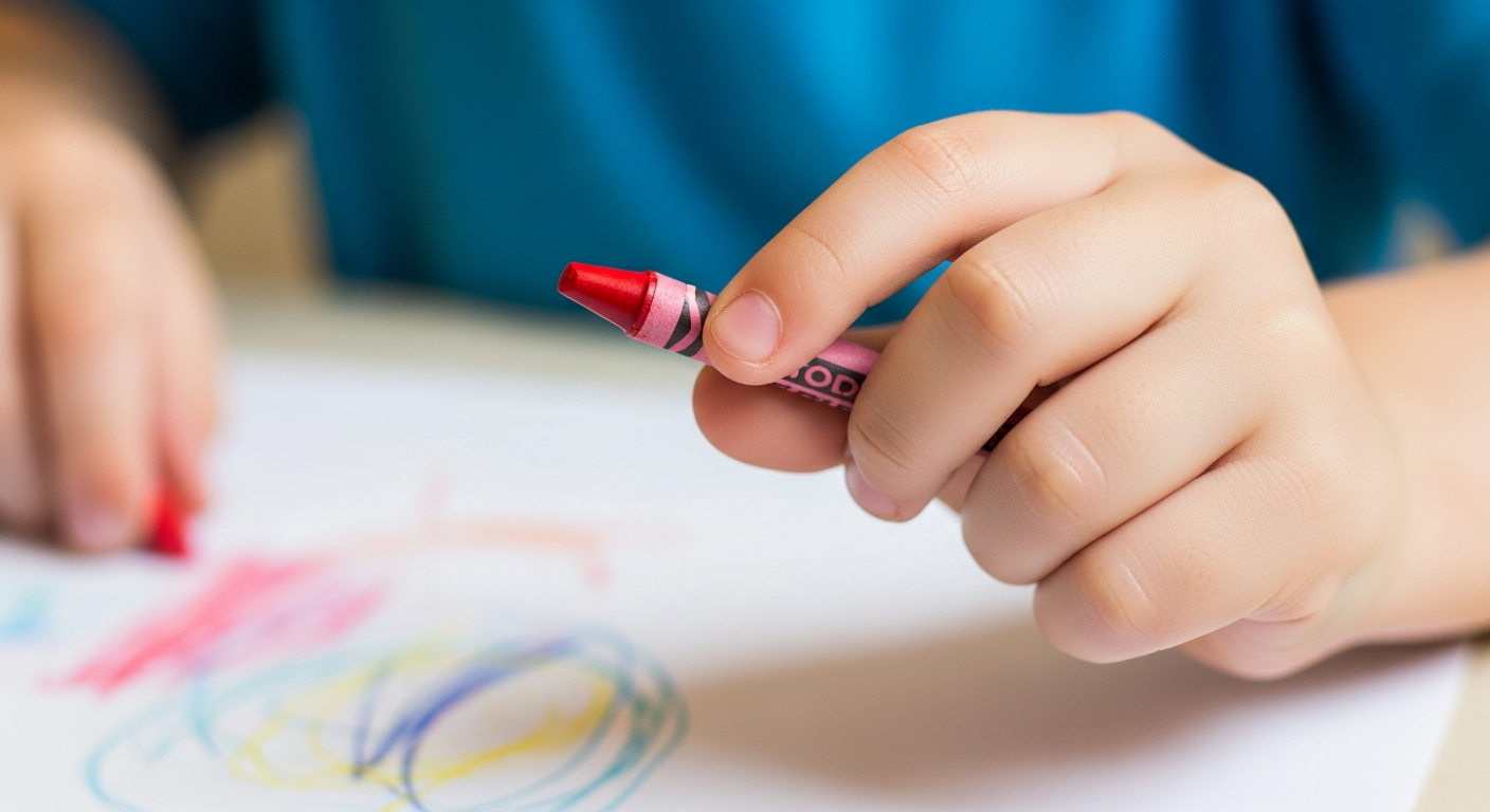 Child using proper tripod grip with a short broken crayon.
