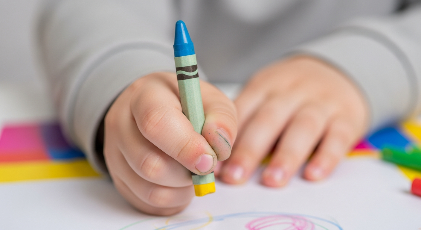 Why Coloring Builds Fine Motor Skills for Toddlers 1 Close-up of toddler using tripod grip to hold a short crayon for coloring
