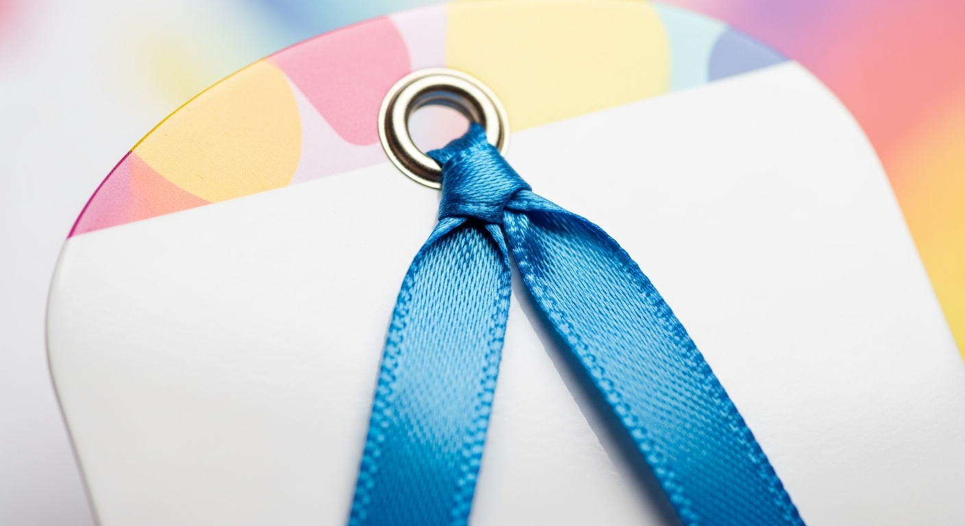 Tying a blue satin ribbon through the hole of a laminated DIY bookmark using a flat knot.