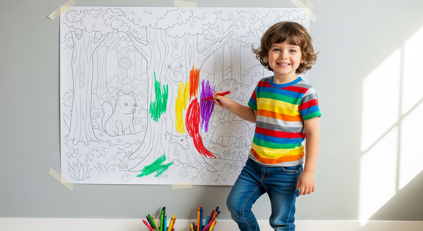 Child coloring a large picture on the wall to build arm strength and control.