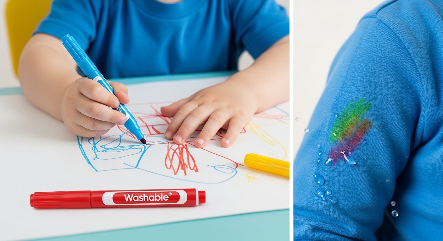 Washable markers safe for toddlers with clean clothes and hands after use.