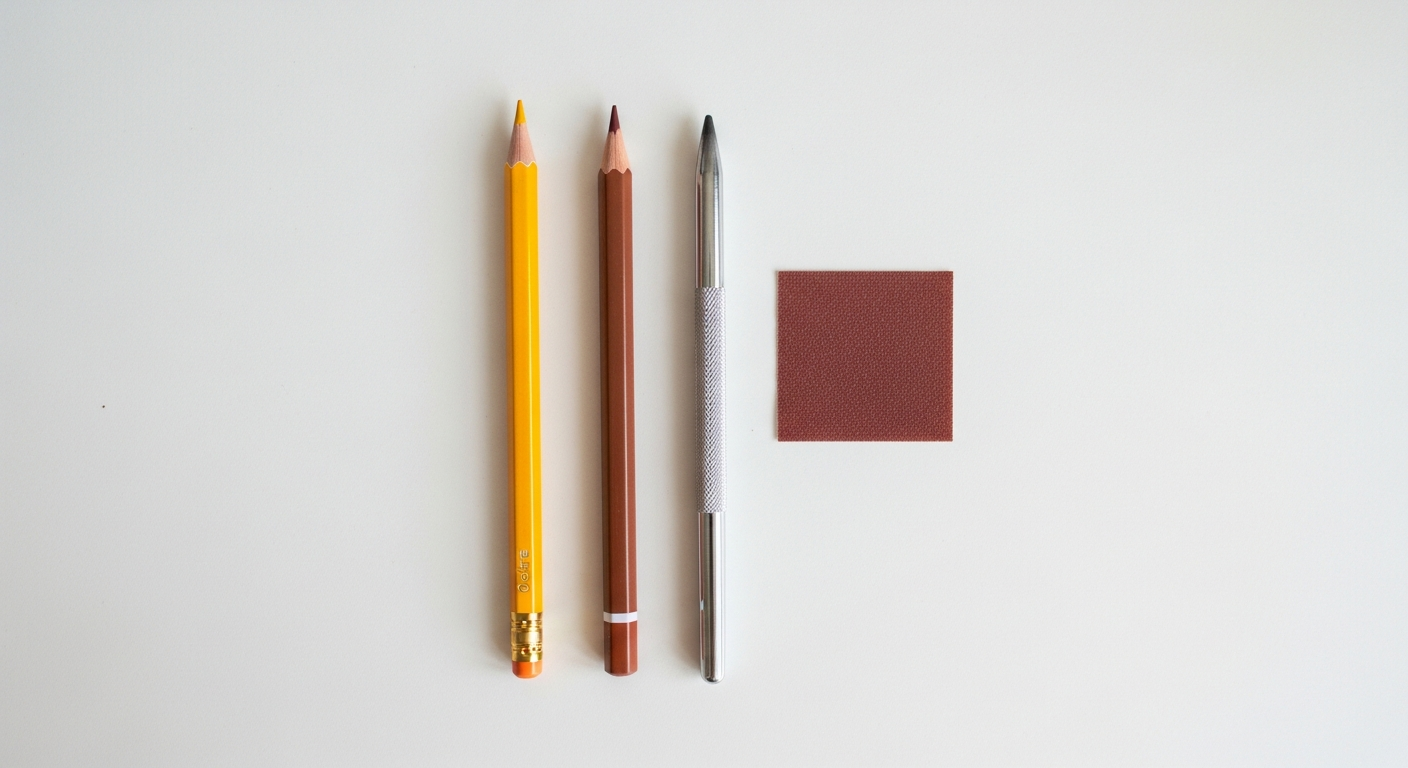 How to Color Realistic Wood Grain: Easy Step-by-Step Guide 1 Essential tools for wood coloring: Yellow Ochre pencil, stylus, and sandpaper.