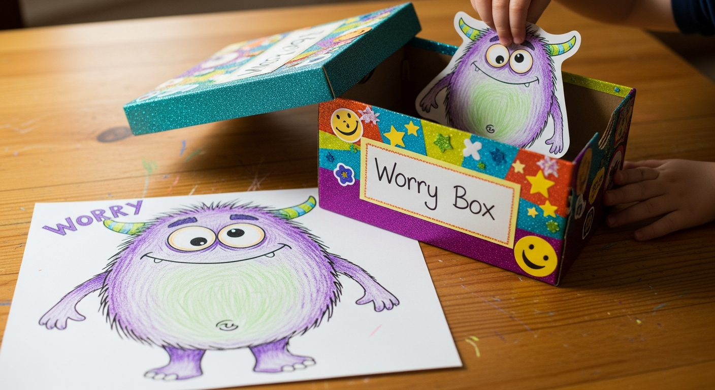 How to Use Coloring Pages for Emotional Regulation in Kids 2 Worry monster coloring activity where a child puts their fear drawing into a worry box.