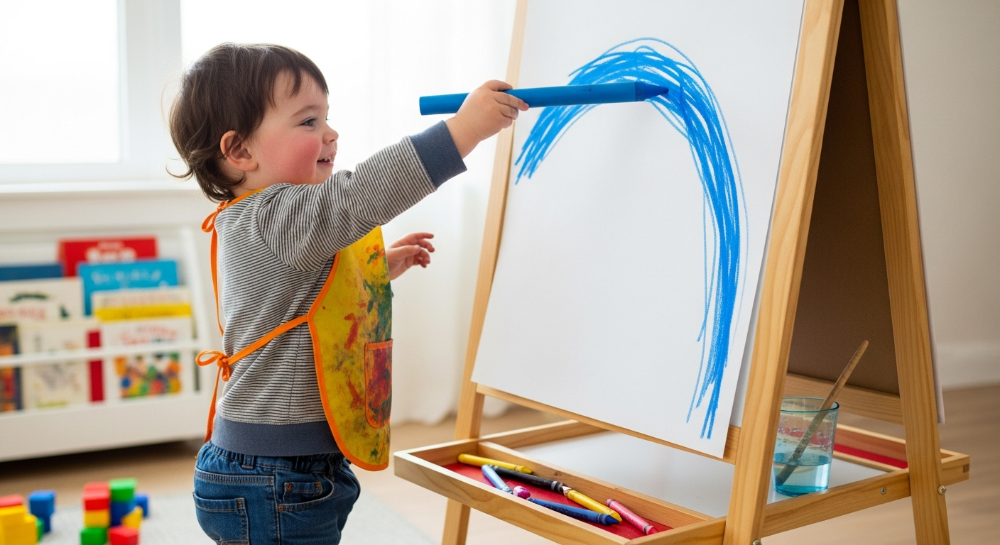 Toddler doing wrist warm-up by coloring on a vertical surface at an easel.