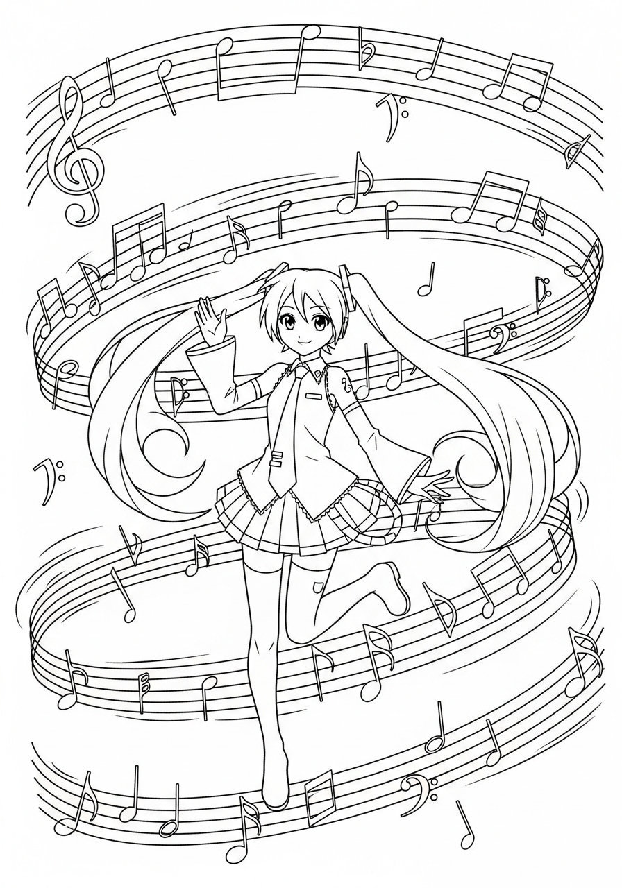 Abstract music swirl Miku coloring page