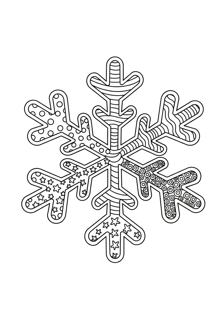Abstract zentangle pattern filled snowflake coloring page