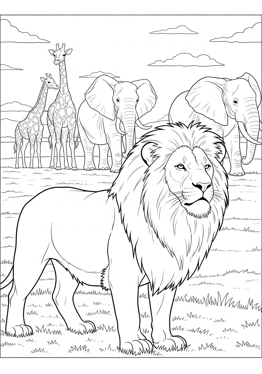 African savanna lion scene coloring page