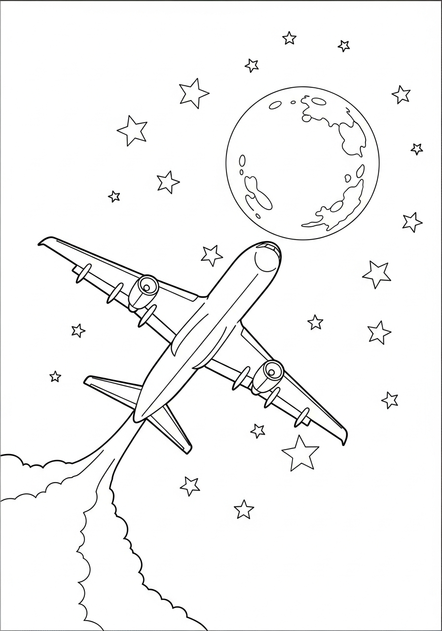 Airplane Coloring Pages 3 Airplane flying at night moon coloring page