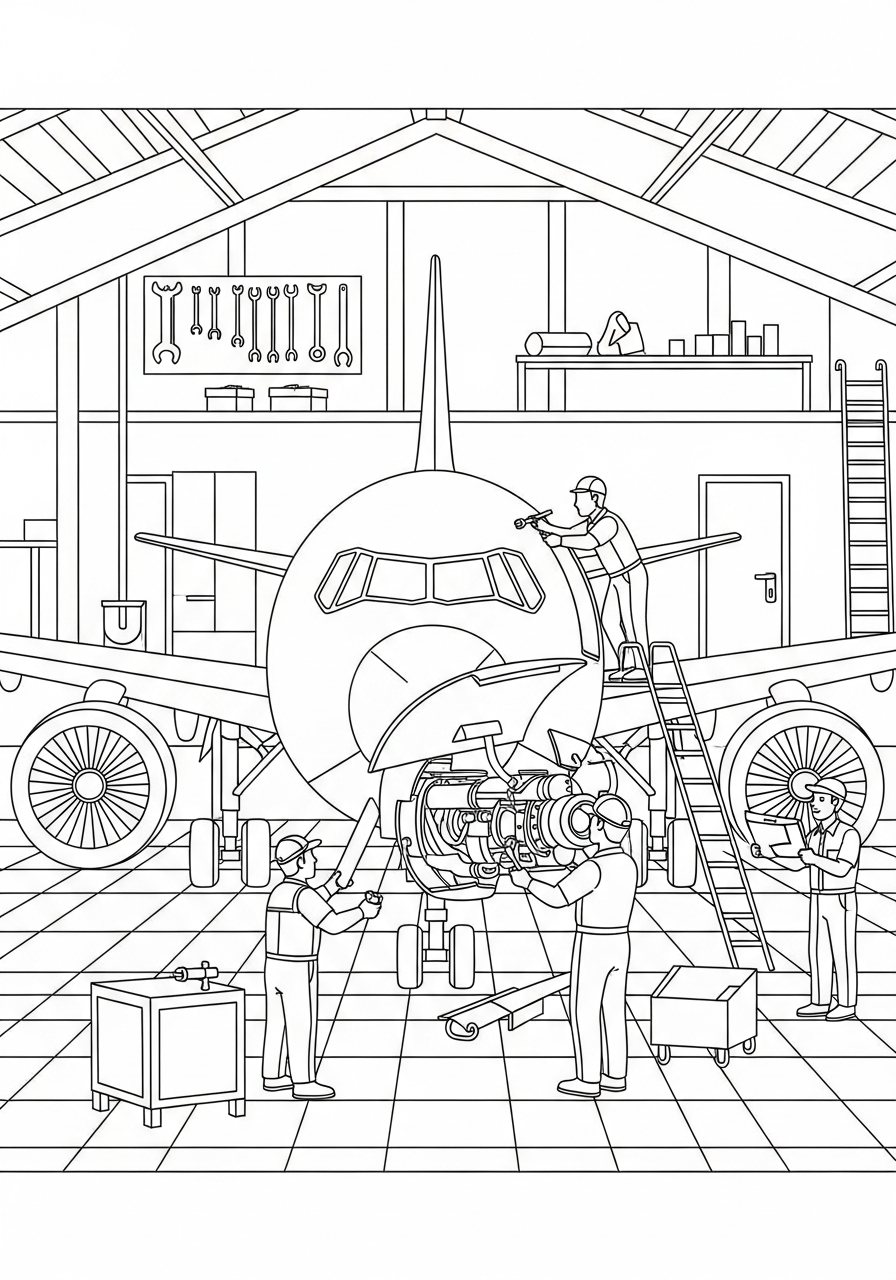 Airplane Coloring Pages 4 Airplane mechanic fixing engine hangar coloring page