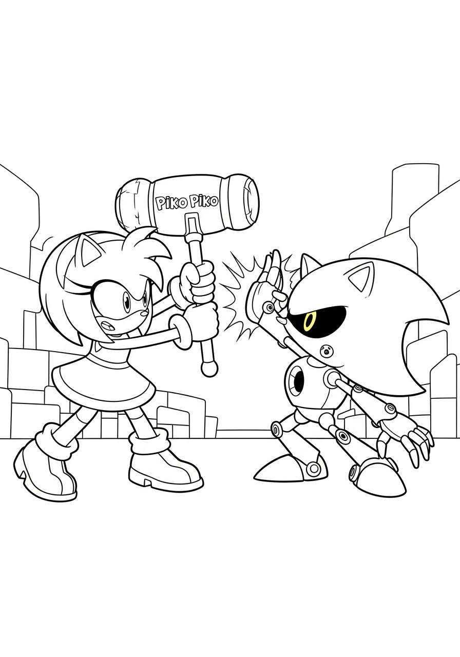 Amy Rose fighting Metal Sonic coloring page