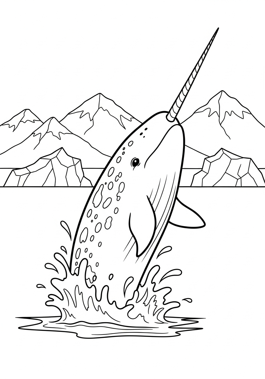 Narwhal Coloring Pages 2 Arctic narwhal near snowy mountains coloring page