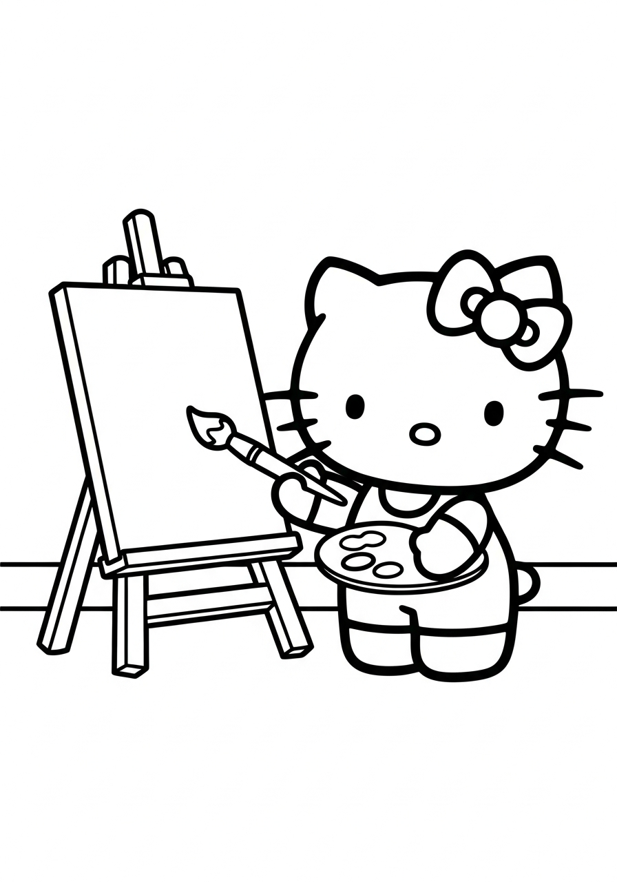 Artist Hello Kitty painting canvas coloring page