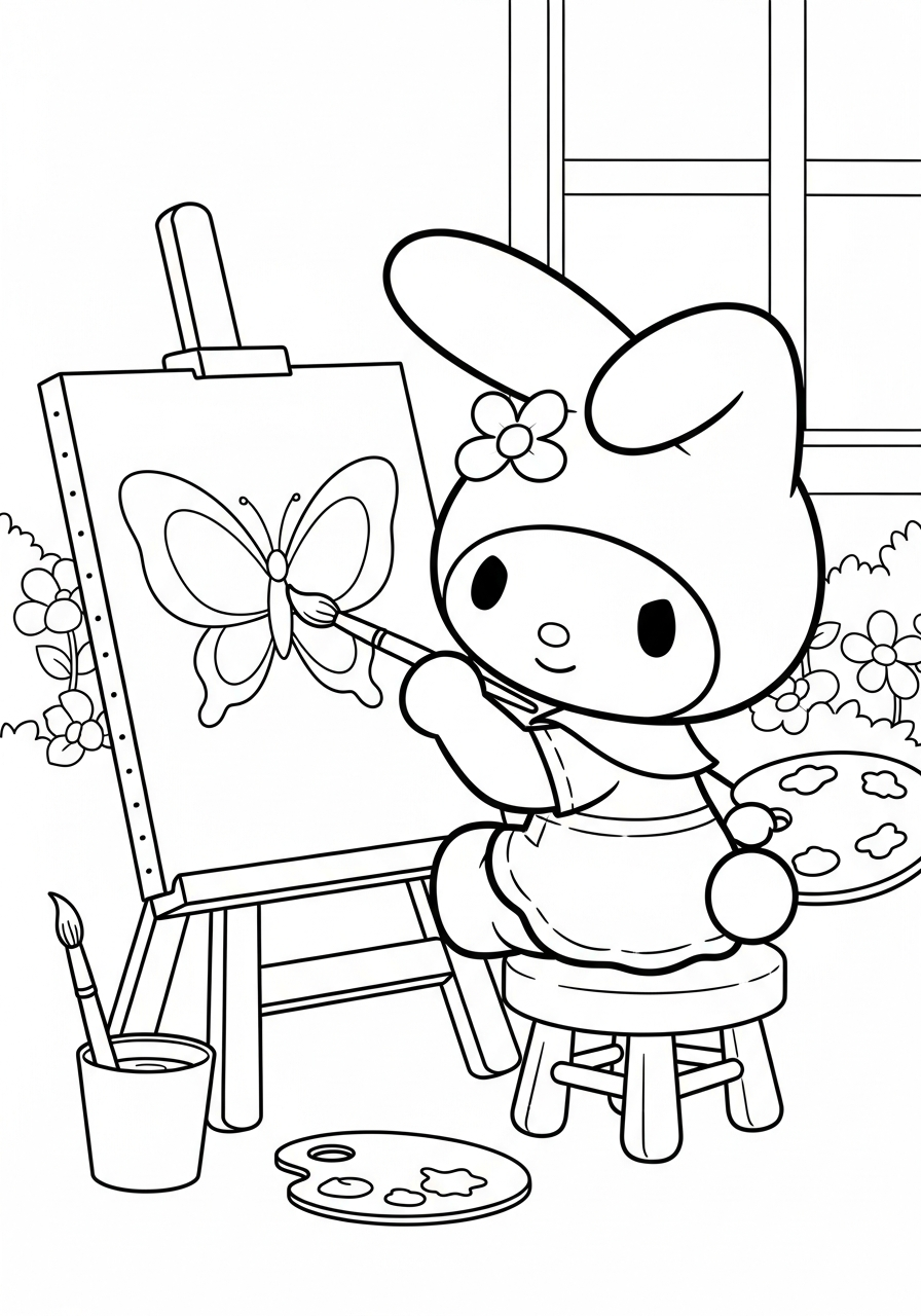 Artist My Melody painting canvas coloring page