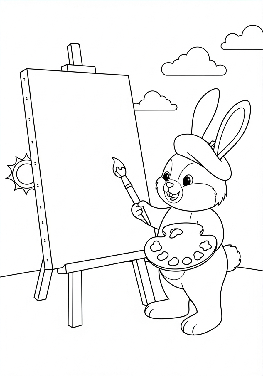 Artist bunny painting on canvas coloring page